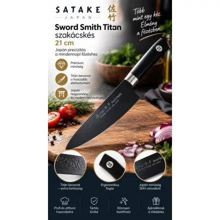 Satake Sword Smith Titan japán szakácskés – 21 cm, fekete titánbevonattal