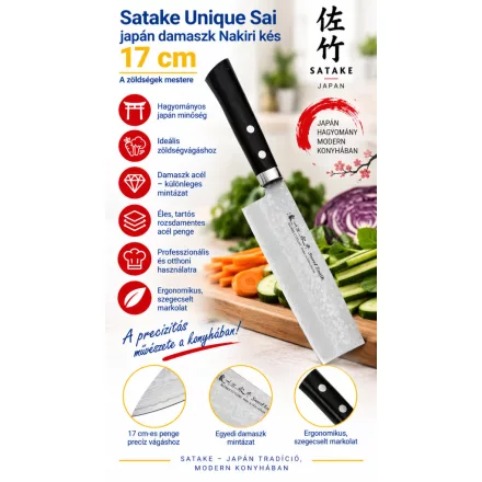 Satake Unique Sai japán damaszk Nakiri kés 17cm