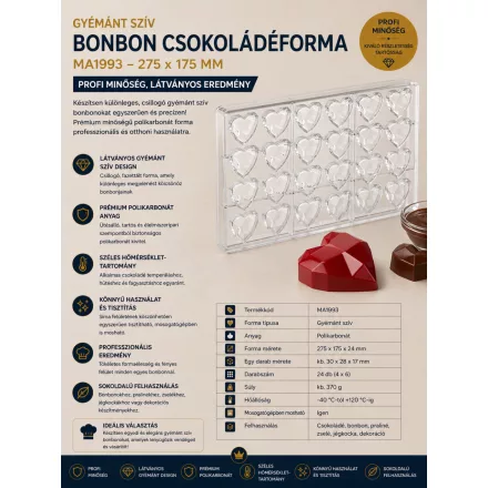 Gyémánt szív bonbon csokoládéforma (MA1993), 275x175 mm, polikarbonát