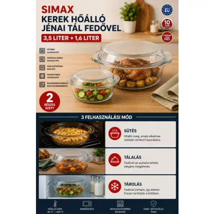 Hőálló jénai tál fedővel kerek 3,5 liter+1,6 liter, Simax