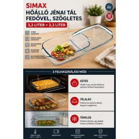 Hőálló jénai tál fedővel, 3,2 liter szögletes+2,2 liter