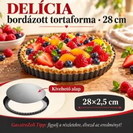 Tortaforma bordázott, ferde éllel, kivehető alap, kerek, 28x2,5 cm, Delícia – edukáló kép használati tanácsokkal