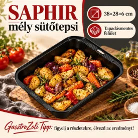 Sütőtepsi, mély, 38x28x6 cm, tapadásmentes, Saphir – edukáló kép használati tanácsokkal