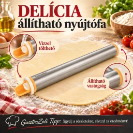 Nyújtófa, vízzel tölthető, állítható, 37x5 cm, Delícia – edukáló kép használati tanácsokkal