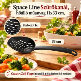 Space Line Szűrőkanál, hőálló műanyag 11x33 cm, – edukáló kép használati tanácsokkal