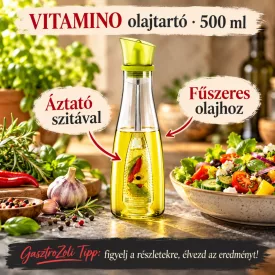 Olajtartó áztató szitával, 500 ml, Vitamino – edukáló kép használati tanácsokkal