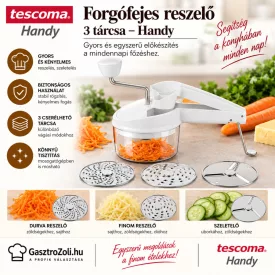 Tescoma HANDY forgófejes reszelő 3 cserélhető tárcsával – edukáló kép használati tanácsokkal