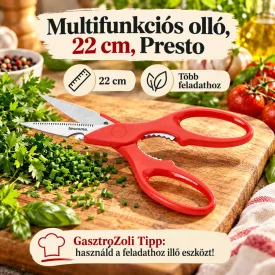 Multifunkciós olló, 22 cm, Presto – edukáló kép használati tanácsokkal