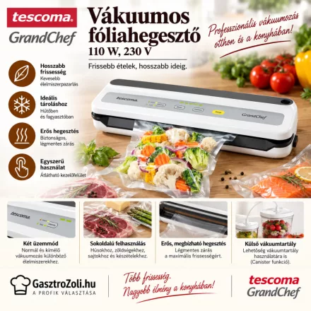 GrandCHEF Vákuumos fóliahegesztő, 110 W, 230 V – edukáló kép használati tanácsokkal