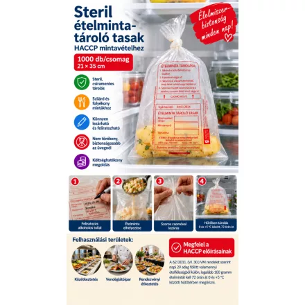 Steril ételminta-tároló tasak éttermi, közétkeztetési és üzemi konyhai HACCP ételmintavételhez
