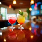 „Stack koktélos kehely 250 ml trópusi koktéllal, lime- és mentalevél-díszítéssel, nyári bárpulton.”