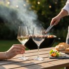 „Platine fehérboros Vicrila kehely 310 ml modern borbárban, borospalackkal és sajttállal, meleg fényben.”