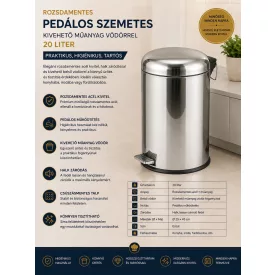 Pedálos szemetes kivehető műanyag vödörrel, 20 l, 30-49 cm, rozsdamentes