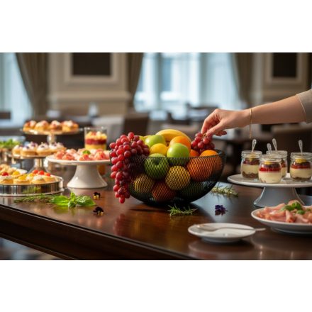 büfé asztal gyümölcsökkel és tálaló elemekkel