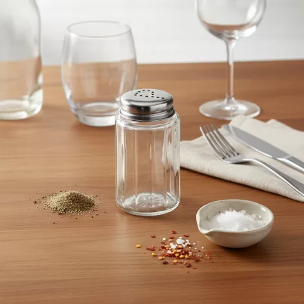 Üveg fűszerszóró rozsdamentes tetővel, őrölt borssal és tengeri sóval, konyhai munkafelületen, evőeszközökkel