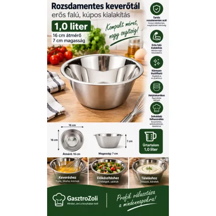 Rozsdamentes keverőtál erős falú kúpos kialakítás 1,0 literes 16-7 cm