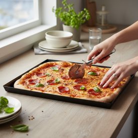 Pizzasütő tálca, 60x40x3 cm, kékvas