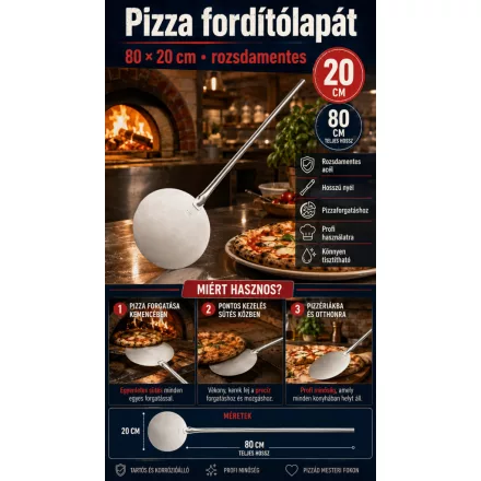 Rozsdamentes pizza fordító lapát 80×20 cm – GasztroZoli ajánlata pizzériáknak