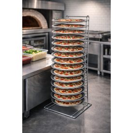 Pizzaforma tartó állvány 15 db 22-36 cm pizzaformának, 30,5x30,5x69 cm, rozsdamentes