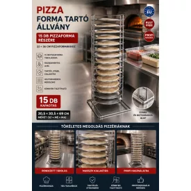 Pizzaforma tartó állvány 15 db 22-36 cm pizzaformának, 30,5x30,5x69 cm, rozsdamentes