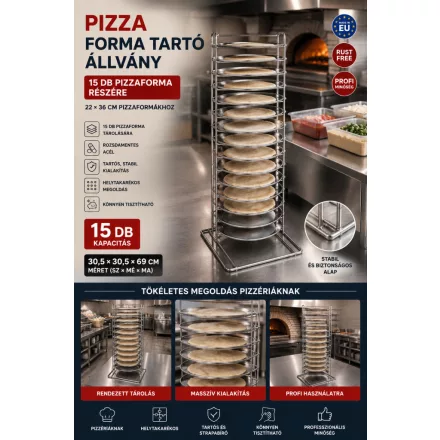 Pizzaforma tartó állvány 15 db 22-36 cm pizzaformának, 30,5x30,5x69 cm, rozsdamentes