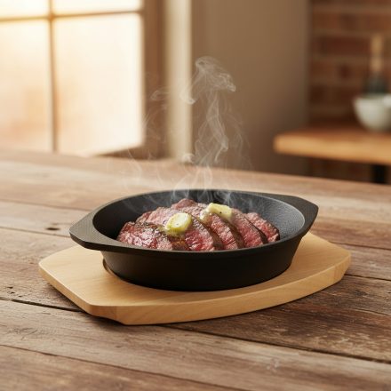 Tálaló edény, 18-4,5 cm, öntöttvas, fa alátét