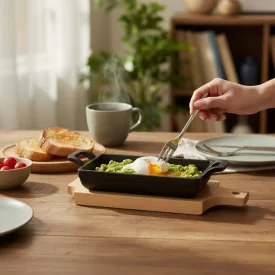 Téglalap mini öntöttvas tálaló serpenyő fa alátéttel