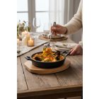 Tálaló edény, 18x4 cm, öntöttvas, fa alátéttel