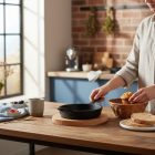 Tálaló edény, 18x4 cm, öntöttvas, fa alátéttel