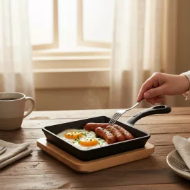 Szögletes mini öntöttvas tálaló serpenyő 14,5x14,5 cm fa alátéttel