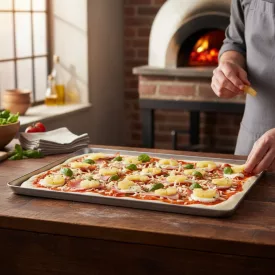 Pizzasütő tepsi 40 x 25 x 2 cm, kerekített peremű varrat nélküli alumínium