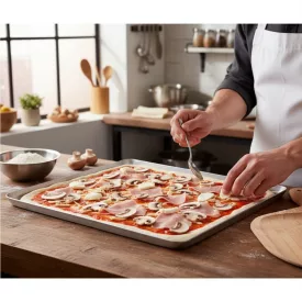 Pizzasütő tepsi 48 x 32 x 2 cm, kerekített peremű varrat nélküli alumínium
