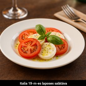 Italia 19 cm-es fehér porcelán lapostányér caprese salátával – friss paradicsommal, mozzarellával és bazsalikommal tálalva