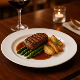 Italia 27 cm-es fehér porcelán főételes tányéron grillezett marhasteak rozmaringos burgonyával, zöldspárgával és barna mártással