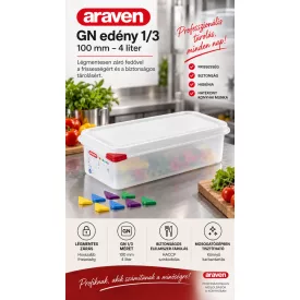   Araven GN edény 1/3 100 mm 4 liter ételtároló légmentesen záró fedővel