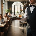 felszolgáló kerek tálcával több itallal vendéglátó környezetben