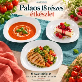 Palaos 18 részes étkészlet – 6 személyre, 24 cm-es lapostányérral: 6 db desszertes lapostányér (21,5 cm) + 6 db mélytányér (23 cm) + 6 db lapostányér (24 cm), színes ételekkel tálalva