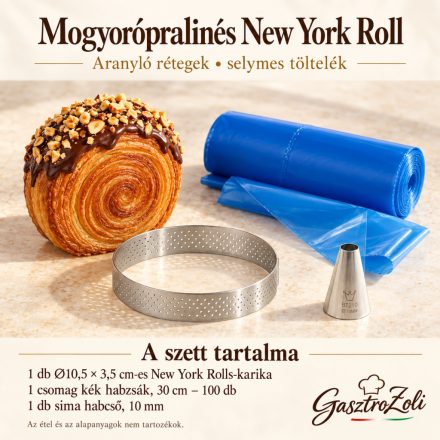 Mogyorópralinés New York Roll szett: de Buyer perforált New York Rolls-karika, Ø10,5 × 3,5 cm, kék, eldobható habzsák, 30 cm, Martellato BT210 sima rozsdamentes habcső, 10 mm