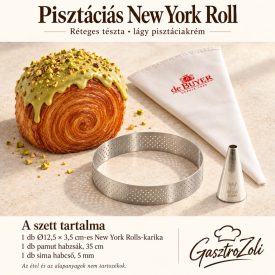 Pisztáciás New York Roll szett: de Buyer perforált New York Rolls-karika, Ø12,5 × 3,5 cm, de Buyer bevonatos pamut habzsák, 35 cm, Martellato BT205 sima rozsdamentes habcső, 5 mm