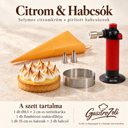 Citrom & Habcsók szett: de Buyer perforált tartletkarika, Ø8,5 × 2 cm, Quttin flambírozó szakácsfáklya, de Buyer habzsákszett: 35 cm-es habzsák és 2 rozsdamentes habcső, sima és csillag