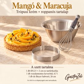Mangó & Maracuja szett: de Buyer perforált tartletkarika, Ø12,5 × 2 cm, kúpos rozsdamentes keverőtál, 0,7 liter, Ø16 cm, de Buyer habverő, 20 cm, 8 szálas, ergonomikus nyéllel