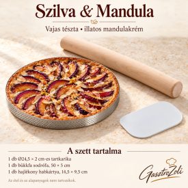 Szilva & Mandula szett: de Buyer perforált tartkarika, Ø24,5 × 2 cm, de Buyer tömör bükkfa sodrófa, 50 × 5 cm, Martellato hajlékony műanyag habkártya, 14,5 × 9,5 cm