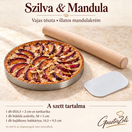 Szilva & Mandula szett: de Buyer perforált tartkarika, Ø24,5 × 2 cm, de Buyer tömör bükkfa sodrófa, 50 × 5 cm, Martellato hajlékony műanyag habkártya, 14,5 × 9,5 cm