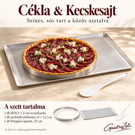 Cékla & Kecskesajt szett: de Buyer perforált tartkarika, Ø28,5 × 2 cm, de Buyer perforált alumínium sütőlemez, GN 1/1, 53 × 32,5 cm, de Buyer Polyglass spatula, 25 cm