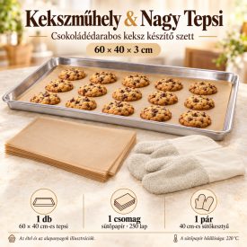 Kekszműhely & Nagy Tepsi sütőszett 60 × 40 × 3 cm-es alumínium tepsivel, 250 lap sütőpapírral és 1 pár 40 cm-es sütőkesztyűvel.