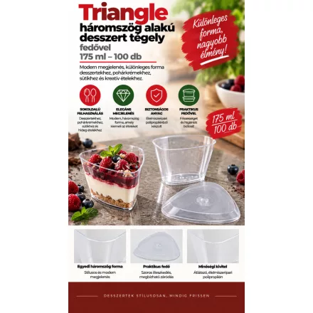 Triangle háromszög alakú desszert tégely fedővel, 175 ml – 100 db