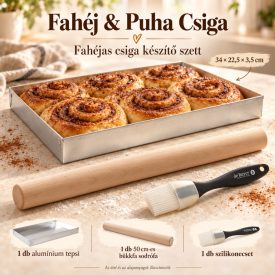 Fahéj & Puha Csiga sütőszett 34 × 22,5 × 3,5 cm-es alumínium tepsivel, 50 cm-es bükkfa sodrófával és de Buyer szilikonecsettel.