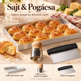 Sajt & Pogácsa sütőszett 38 × 25 × 3,5 cm-es alumínium tepsivel, 6 cm-es fanyeles pogácsaszaggatóval és tésztakaparóval.