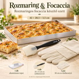 Rozmaring & Focaccia sütőszett 42 × 28,5 × 3,5 cm-es alumínium tepsivel, széles de Buyer szilikonecsettel és 1 pár ötujjas sütőkesztyűvel.