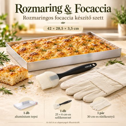 Rozmaring & Focaccia sütőszett 42 × 28,5 × 3,5 cm-es alumínium tepsivel, széles de Buyer szilikonecsettel és 1 pár ötujjas sütőkesztyűvel.